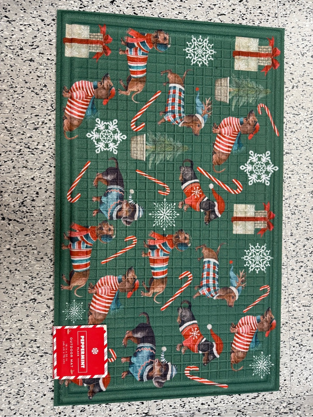 Peppermint Green Holiday Dachshund outdoor mat with Candy Canes